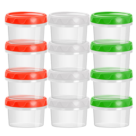 EONJOE 4oz plastic containers with lid on, ideal for portable snacks and mess-free storage.