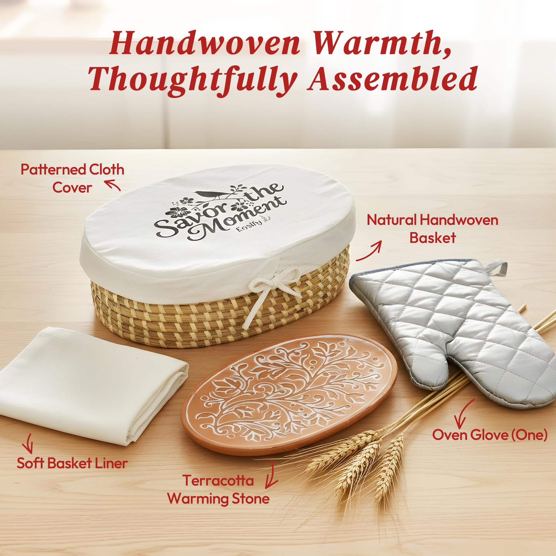 Eosify Basket with patterned cloth cover enhances table styling and warmth.