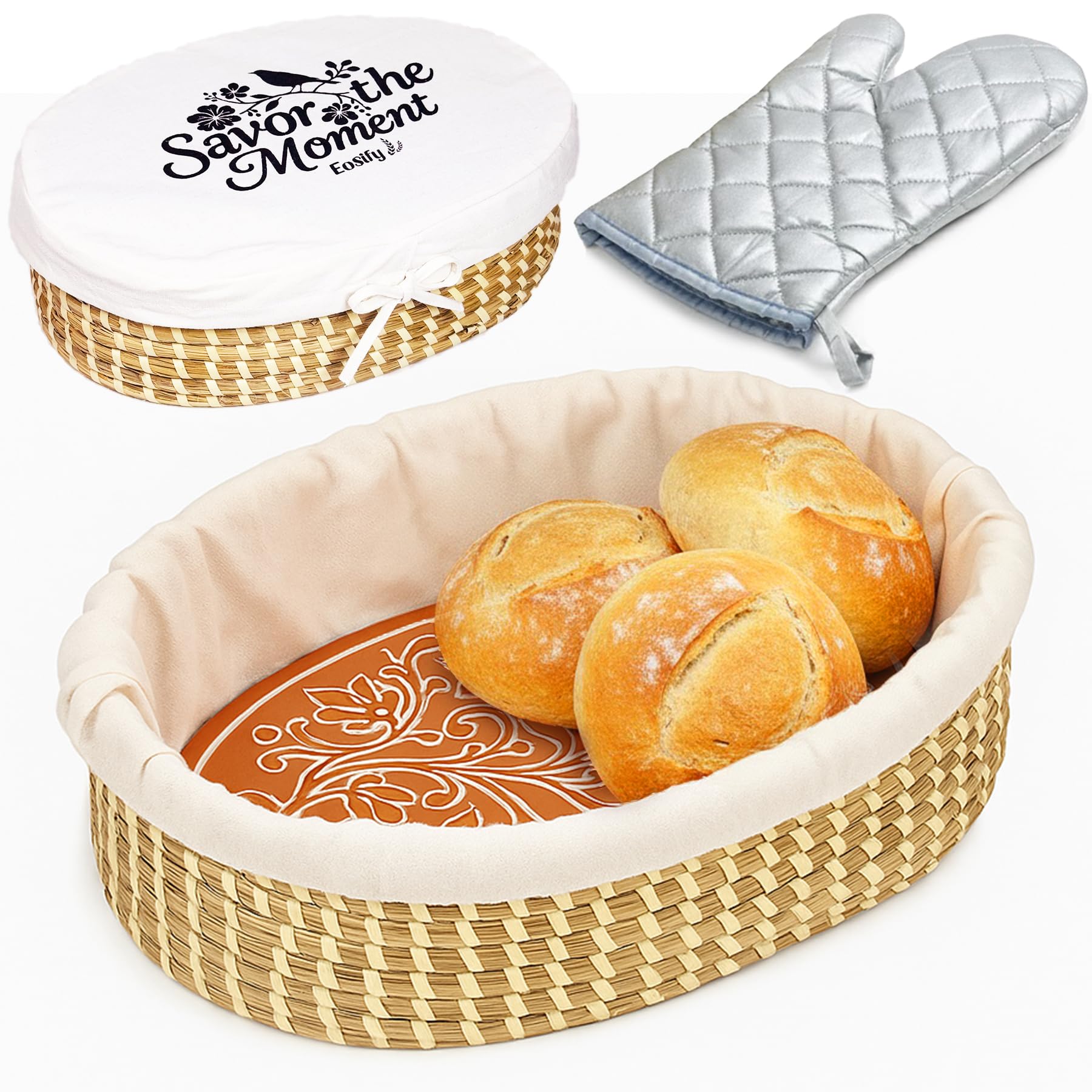 Eosify Bread Warmer Basket with Stone in large oval keeps bread warm for gatherings.