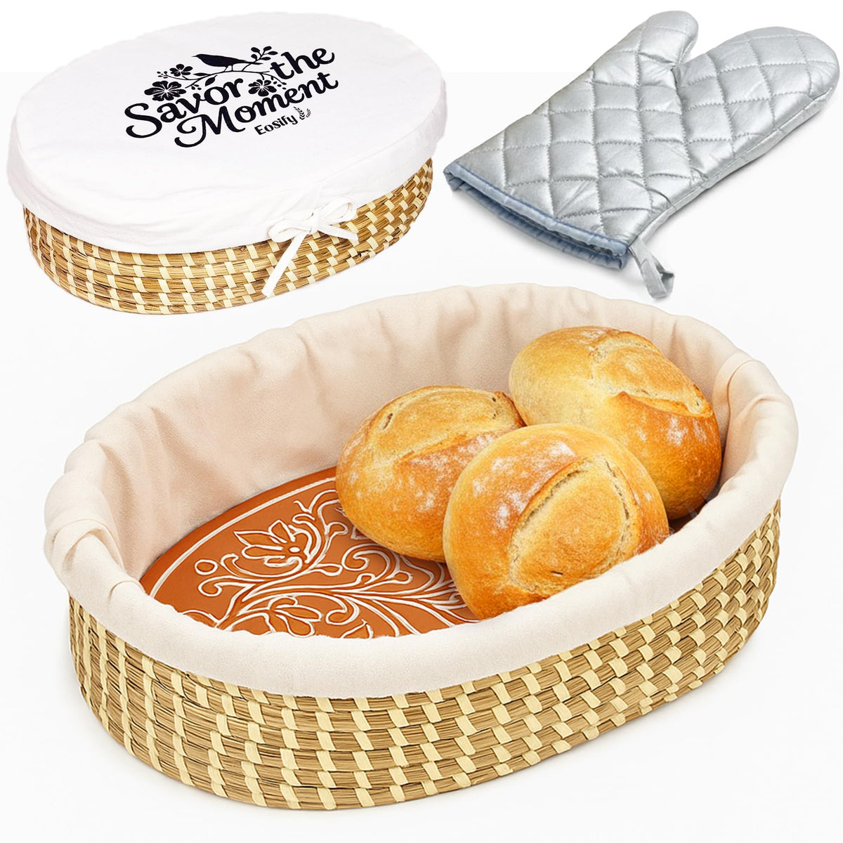 Eosify Bread Warmer Basket with Stone in large oval keeps bread warm for gatherings.