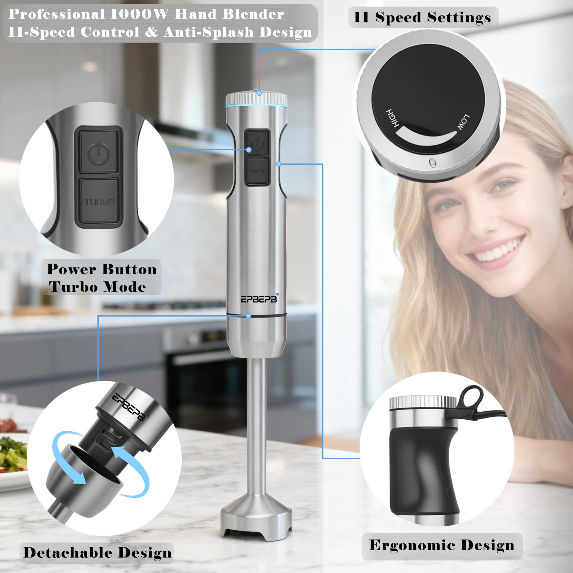 EPBEPB anti-splash design keeps counters clean during blending tasks.