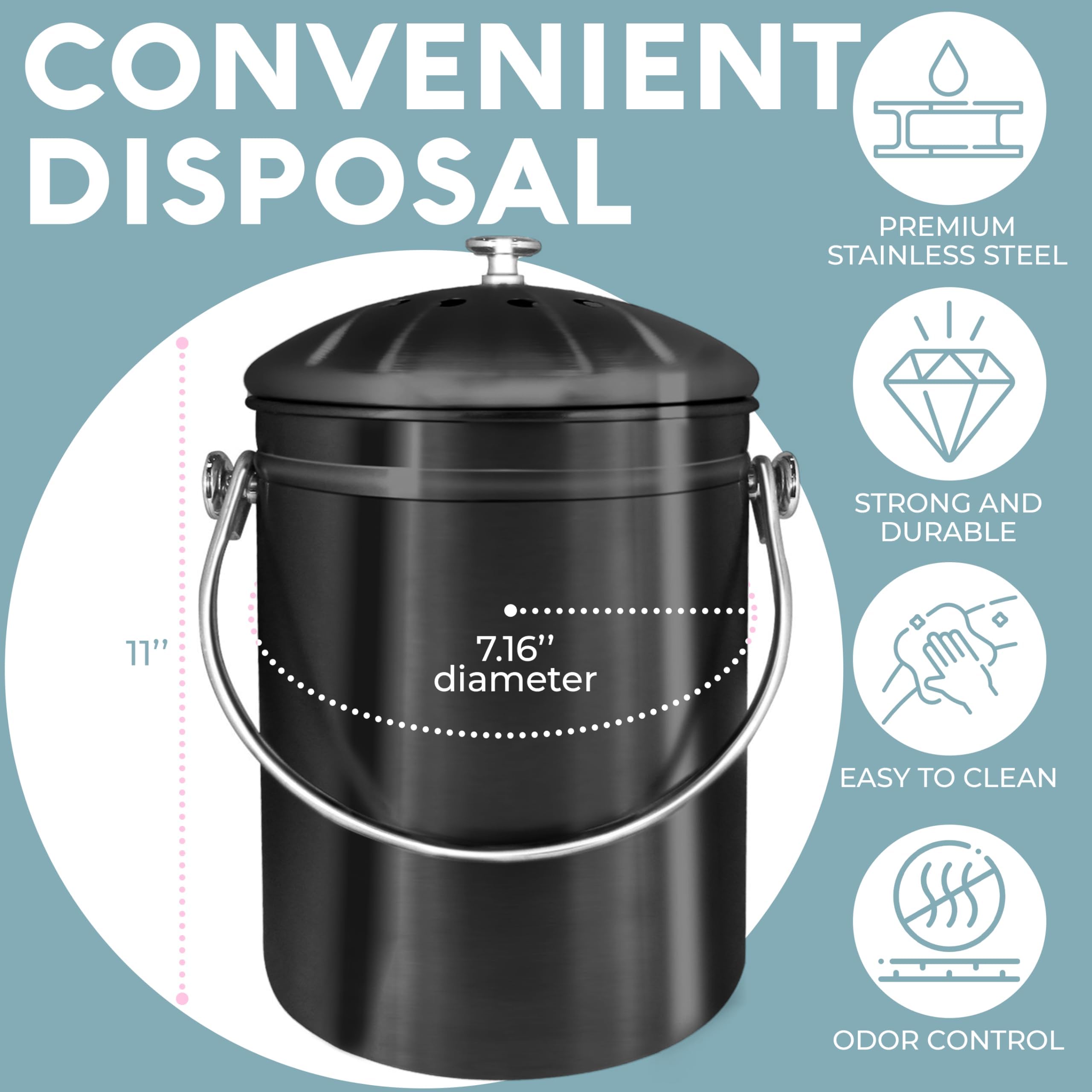 Replaceable activated-charcoal filter inside Epica bin minimizes indoor smells.