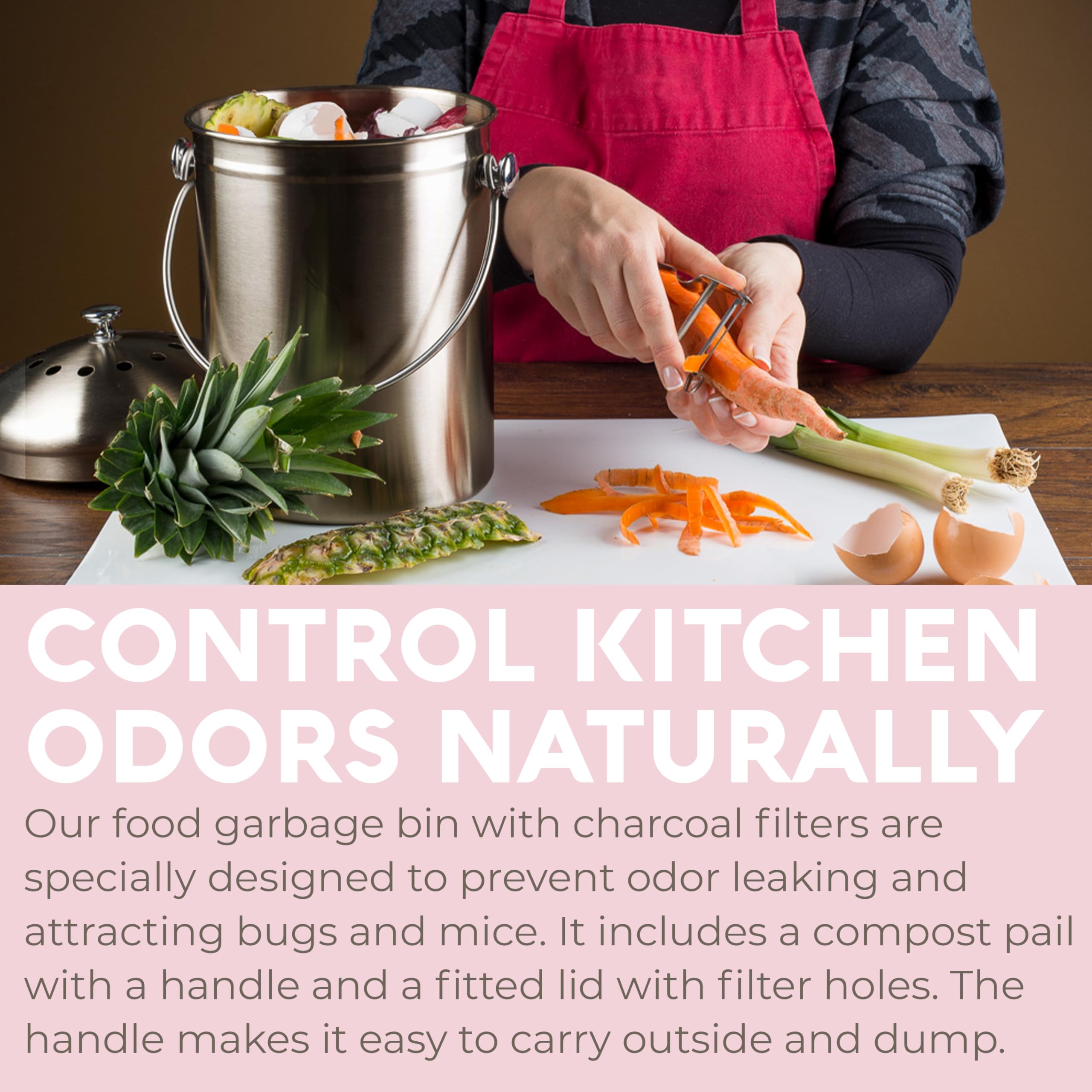 Epica activated charcoal filter helps keep indoor compost fresh.
