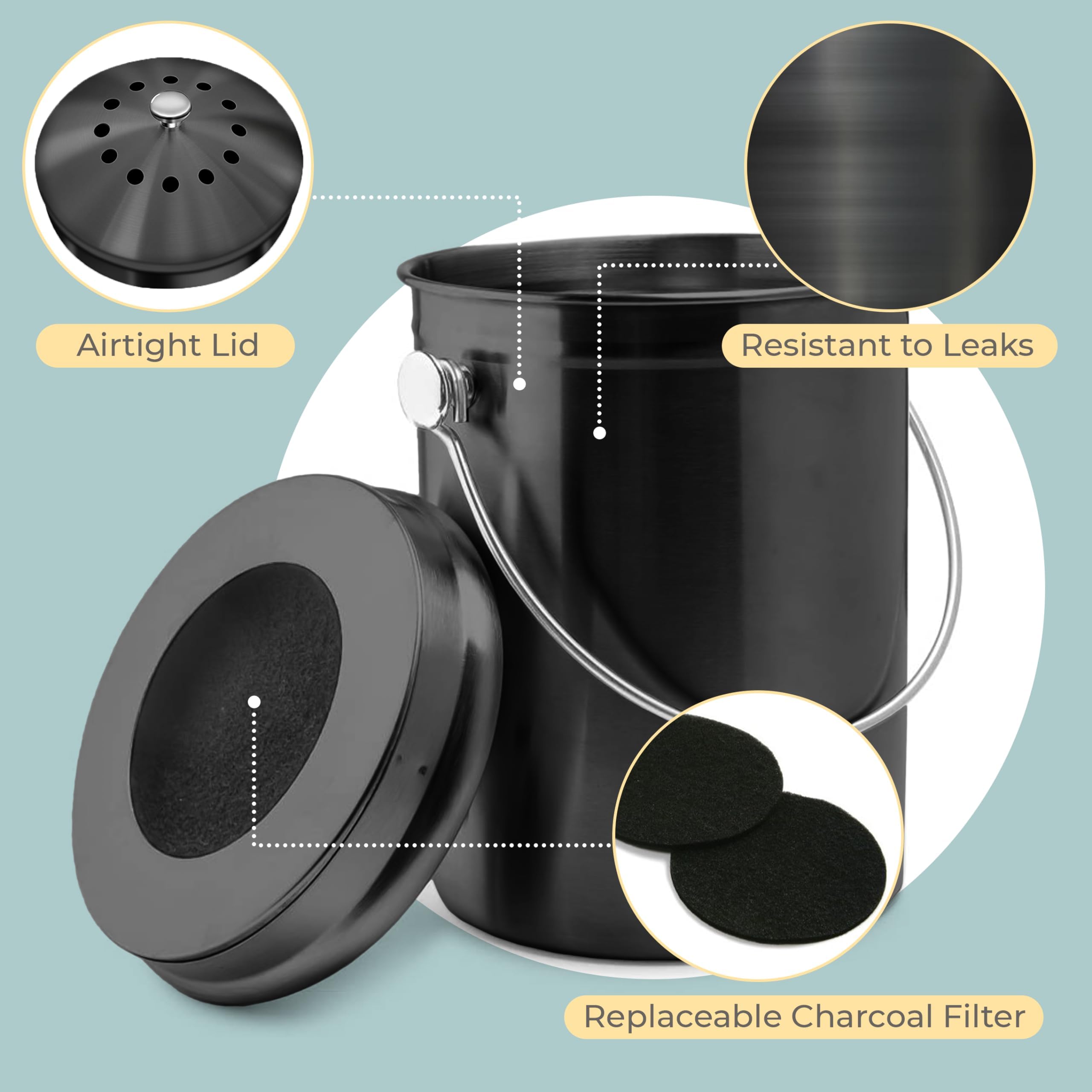 Epica stainless steel compost bin fits compact kitchens and hides waste efficiently.