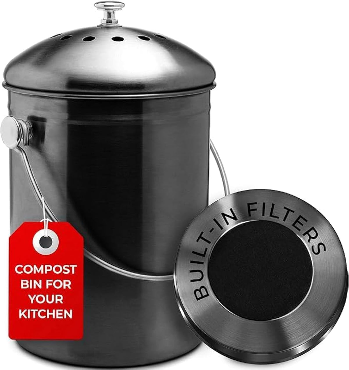 Epica countertop compost bin on kitchen counter, stainless steel, odor-free design.
