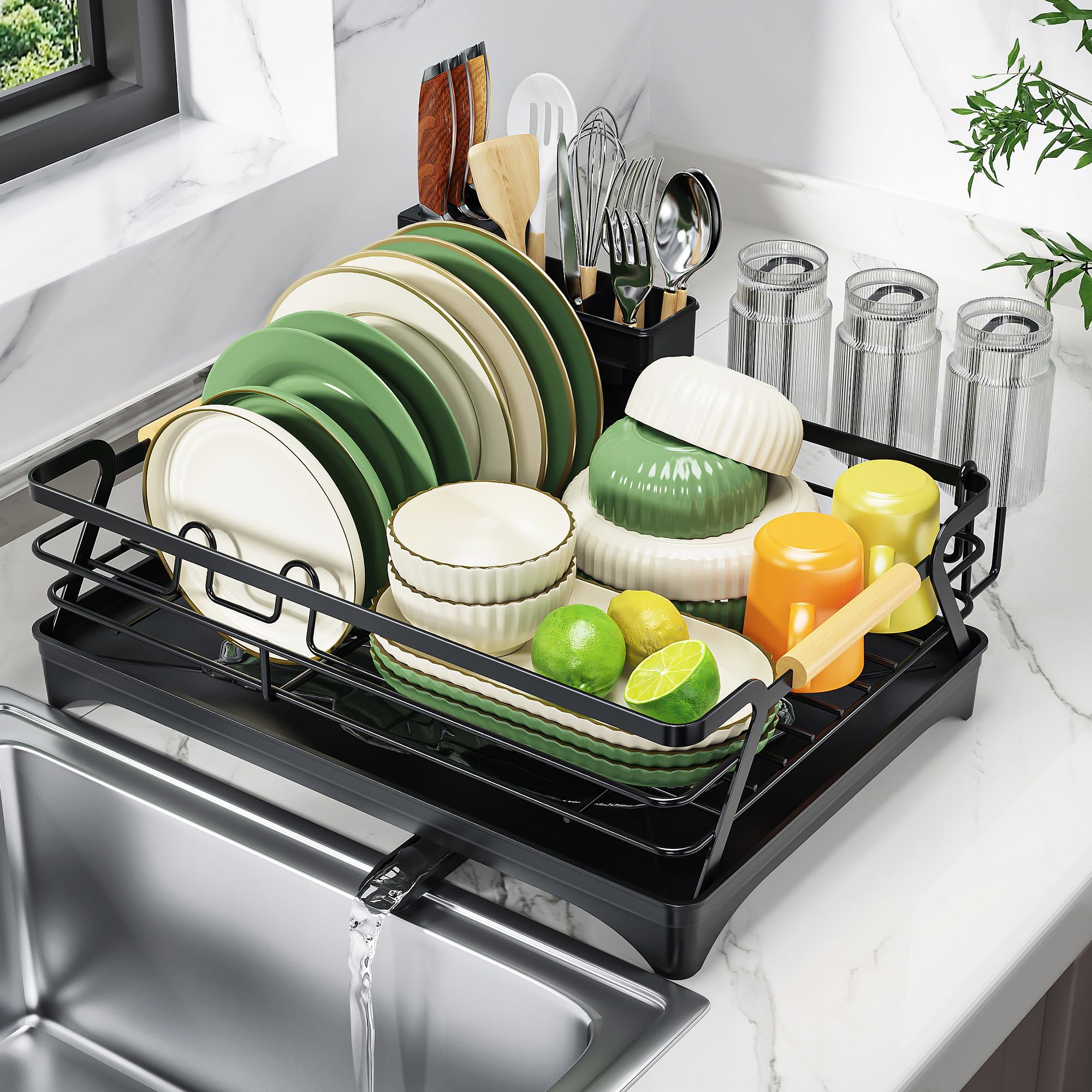 Epicano dish drying rack on countertop in black for neat, space-saving drying.