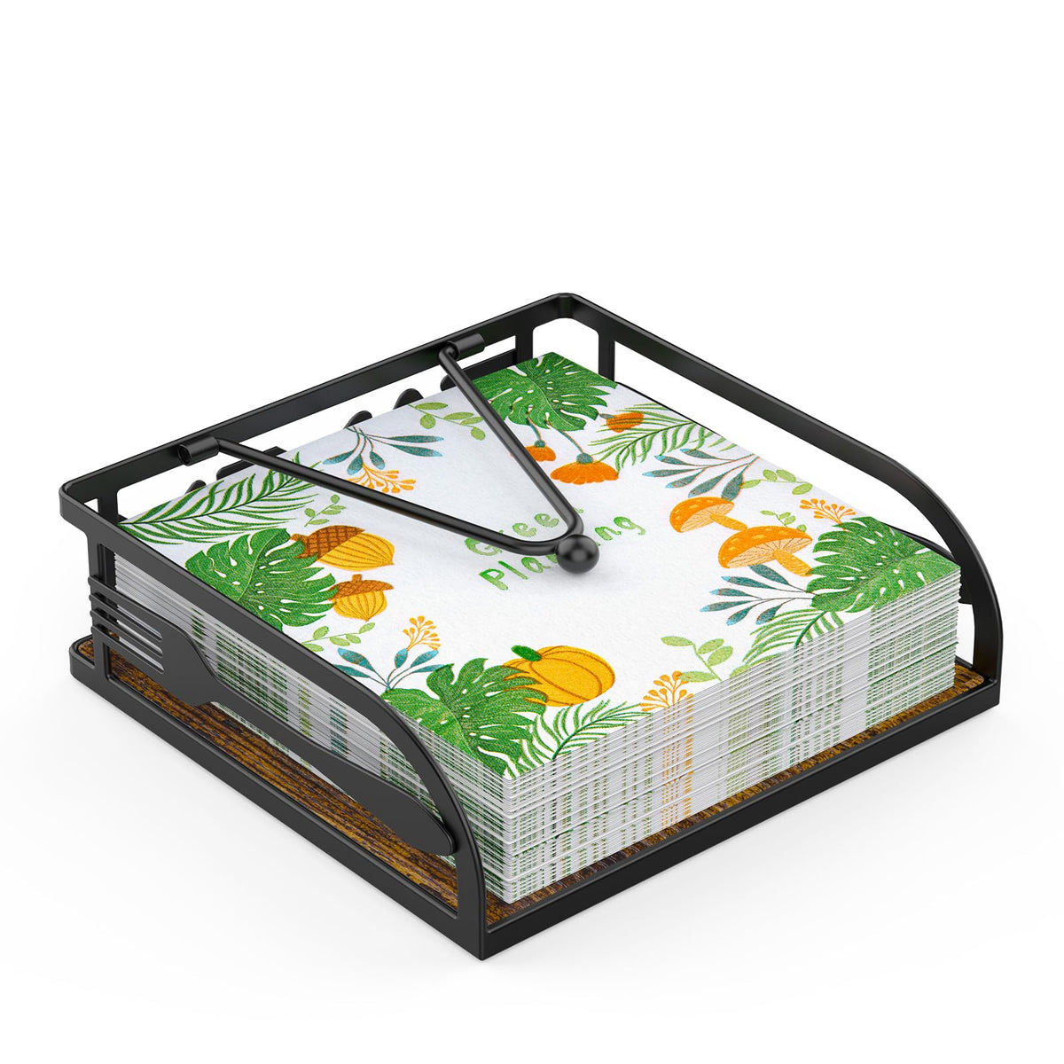 Epicano napkin holder in torched wood finish adds warm rustic charm to any table.