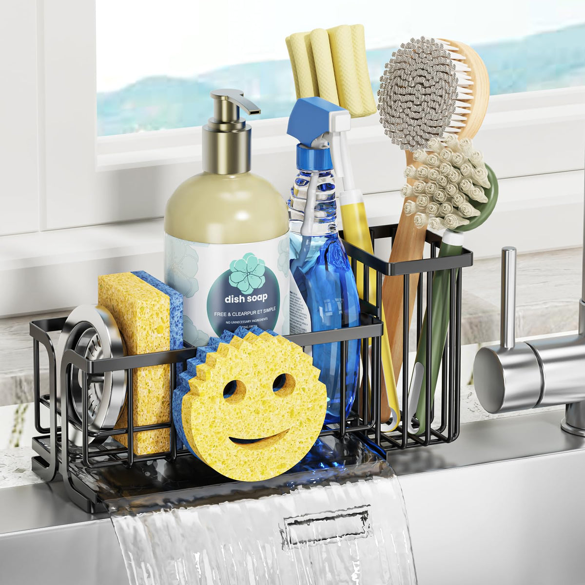 Epicano sink caddy with smiley-face sponges keeps kitchen tidy and cheerful