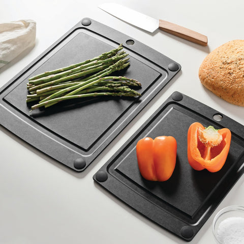 Epicurean dual-side use highlights versatility for prep and serving.