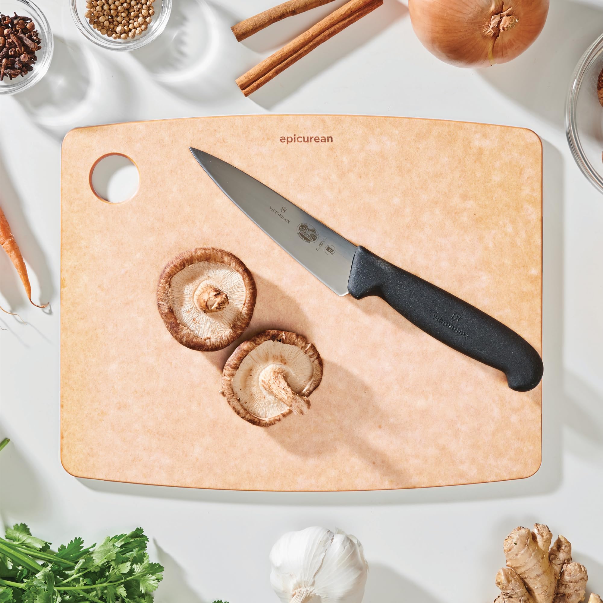 Epicurean Kitchen Series cutting board natural 11.5x9 side profile; slim and easy to store.