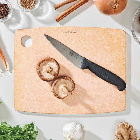 Epicurean Kitchen Series cutting board natural 11.5x9 side profile; slim and easy to store.
