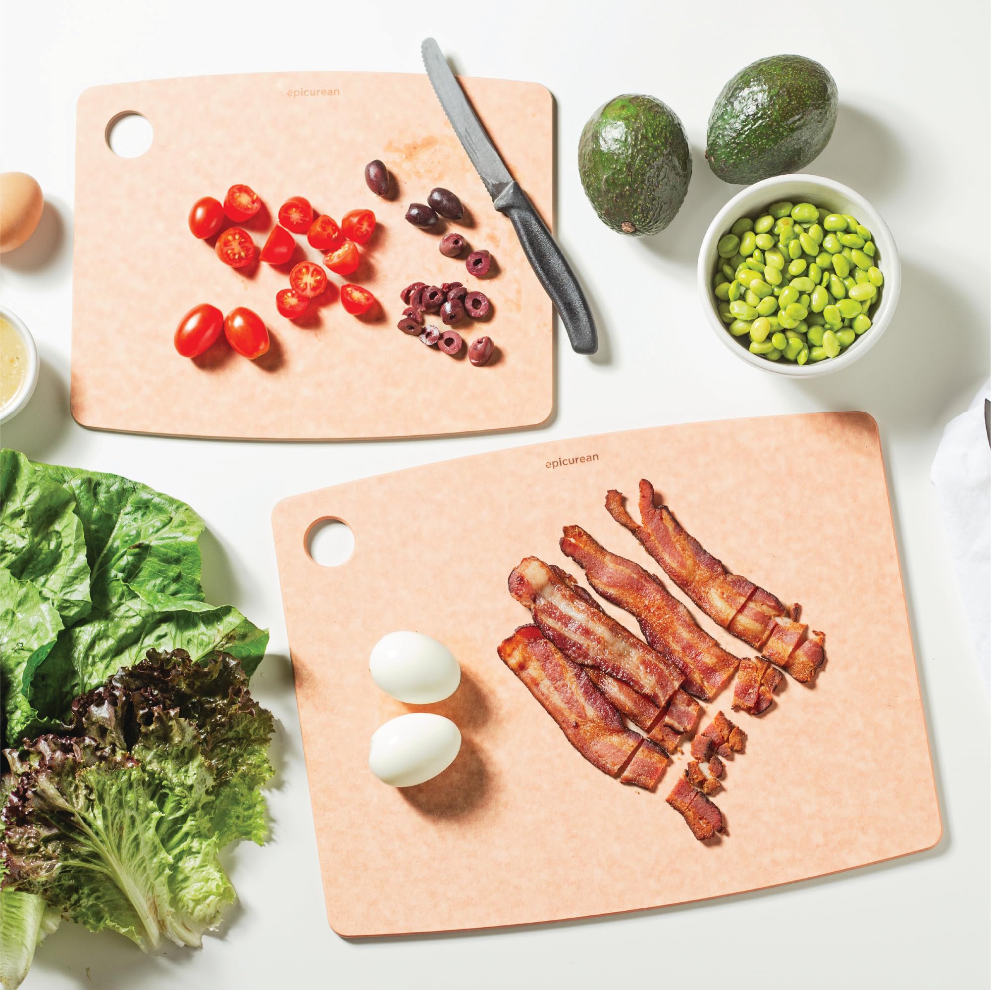 Epicurean Kitchen Series cutting board natural doubles as a lightweight trivet for hot dishes.