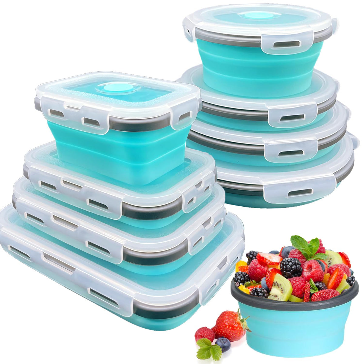 Epinke 8-piece round collapsible bowls with lids for compact storage.