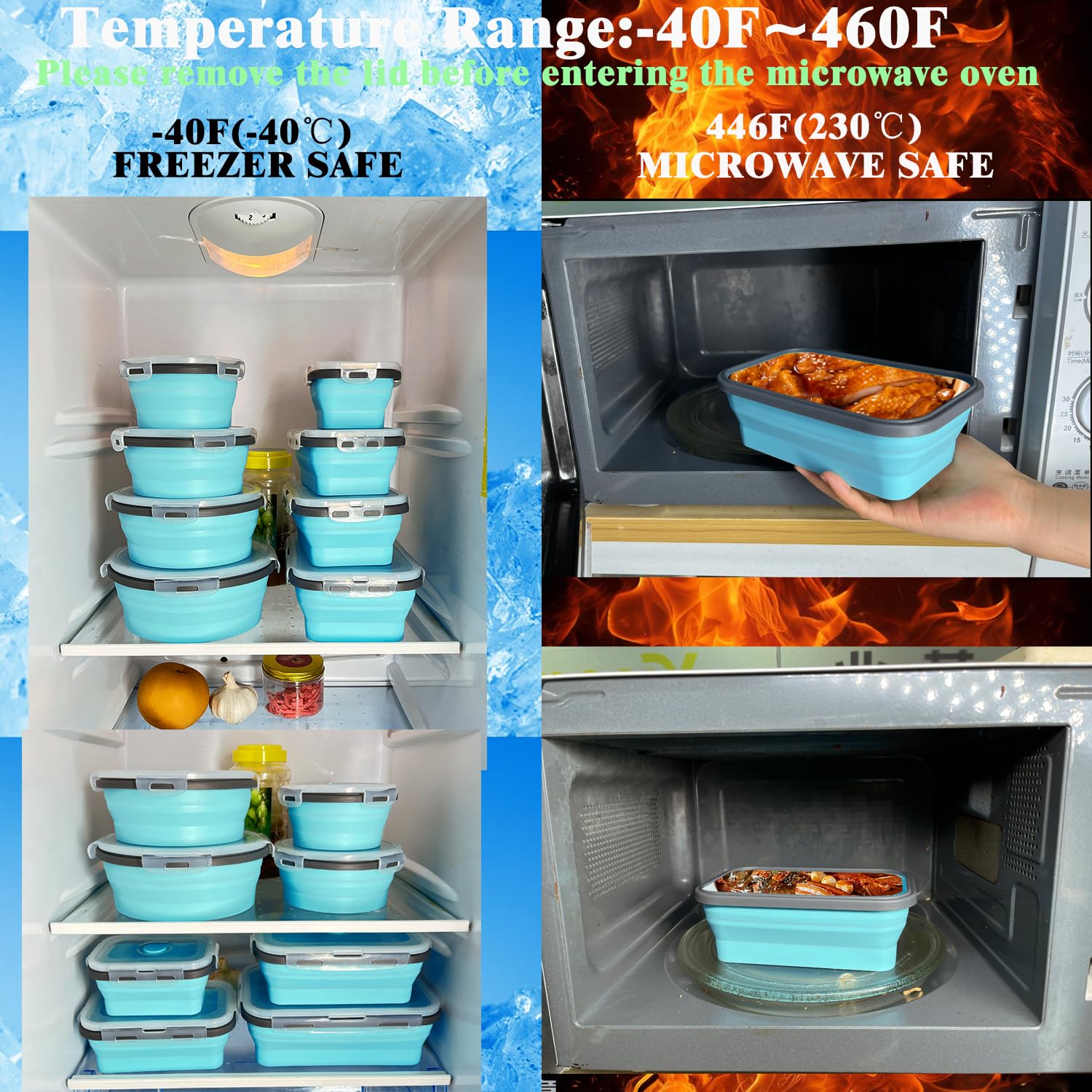 Epinke leak-proof lids on collapsible containers for travel.