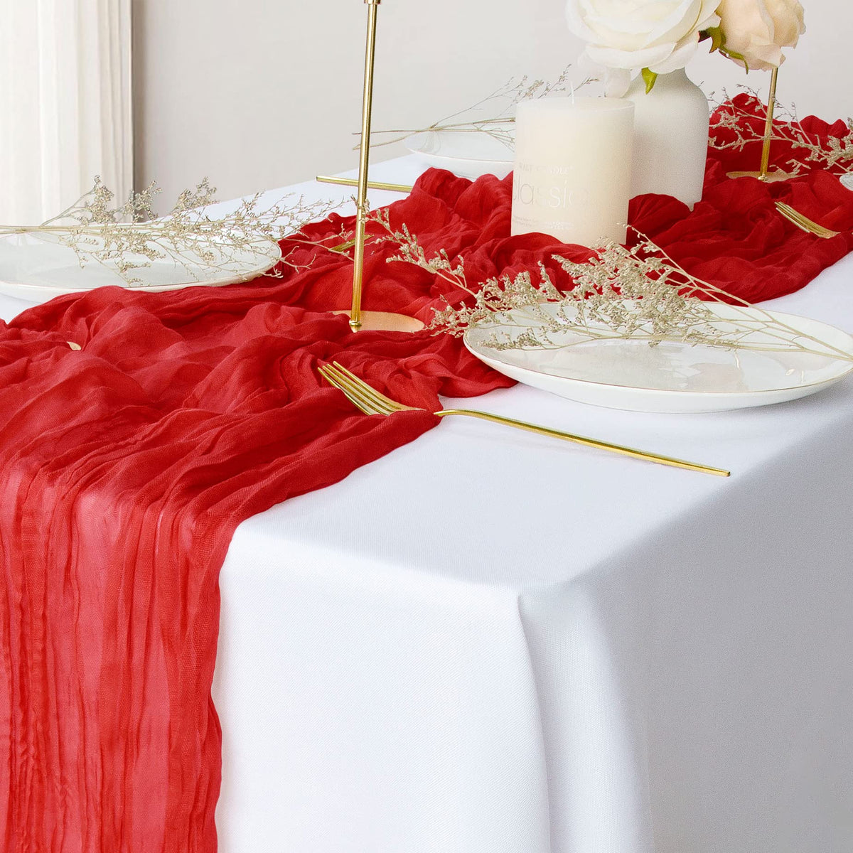 eQFeast red cheesecloth table runner 10ft adds rustic elegance to weddings and events.