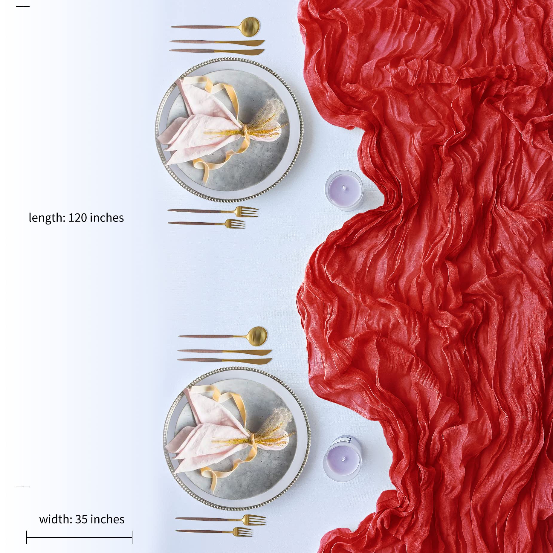 eQFeast cheesecloth runners feature sewn edges for durable, tidy tables.