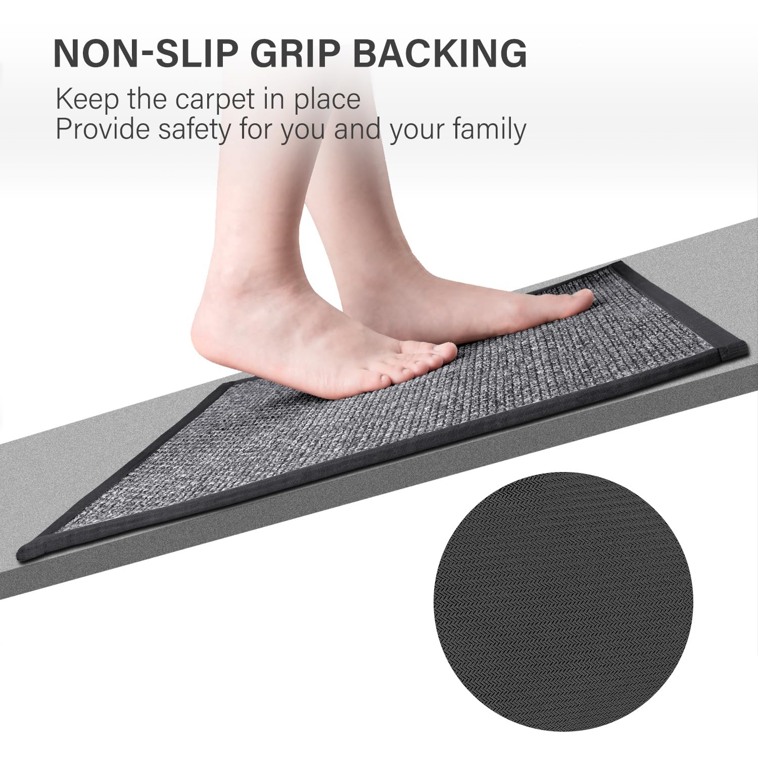 eqivei rug non-slip backing detail keeps rug secure on tile floors