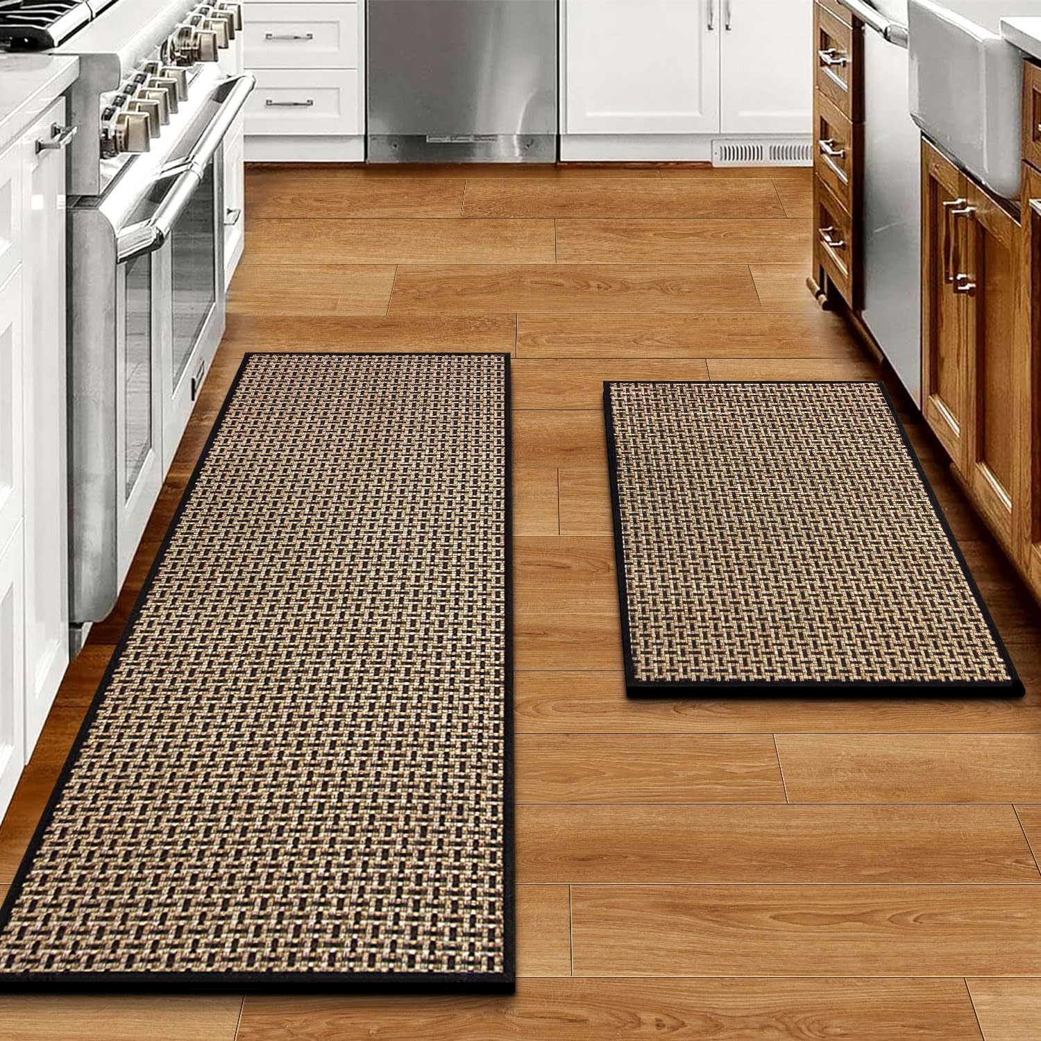 Eqivei kitchen rug with absorbent fiber for front-of-sink moisture control.