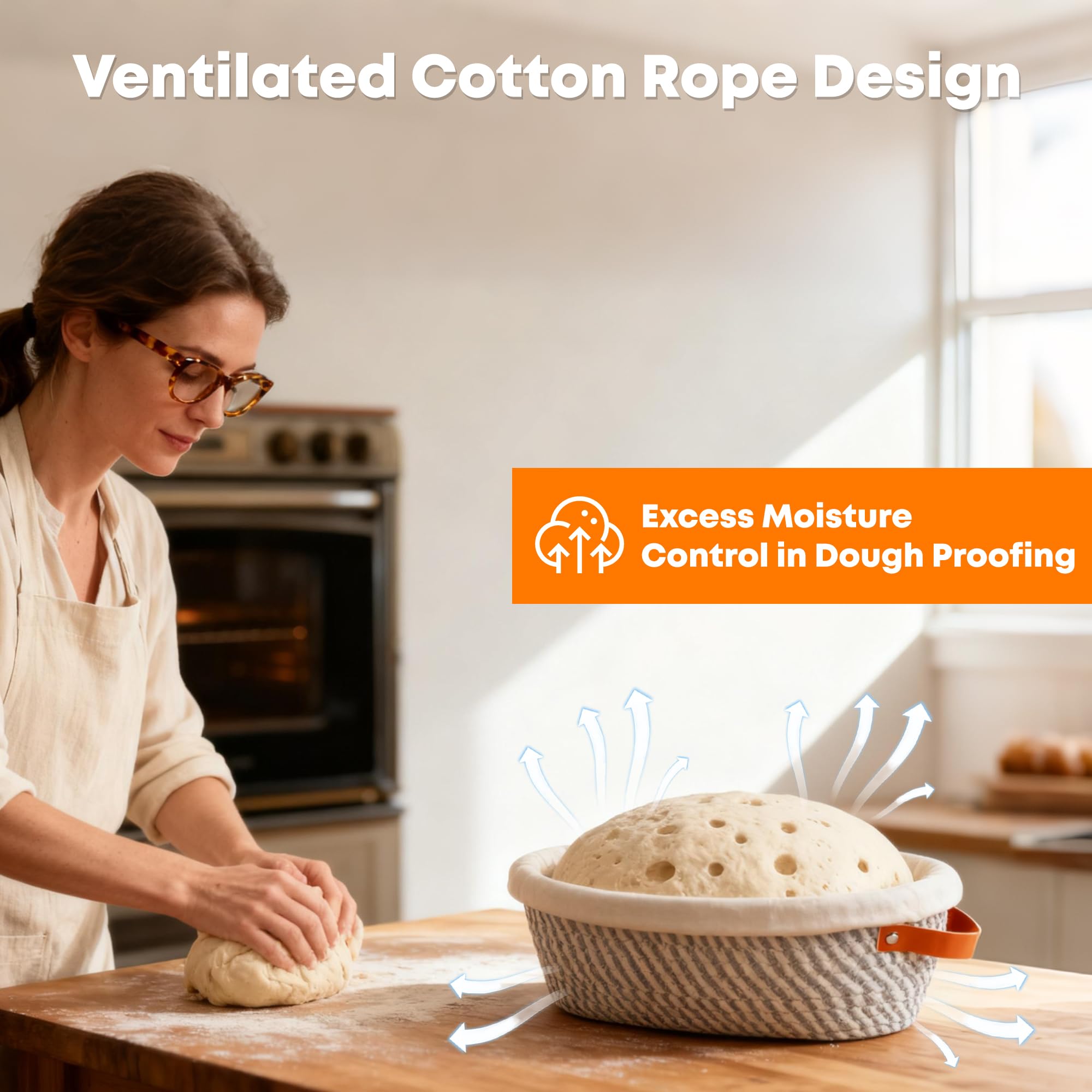 ERABAY Oval basket with cotton rope helps dough keep shape during proofing.
