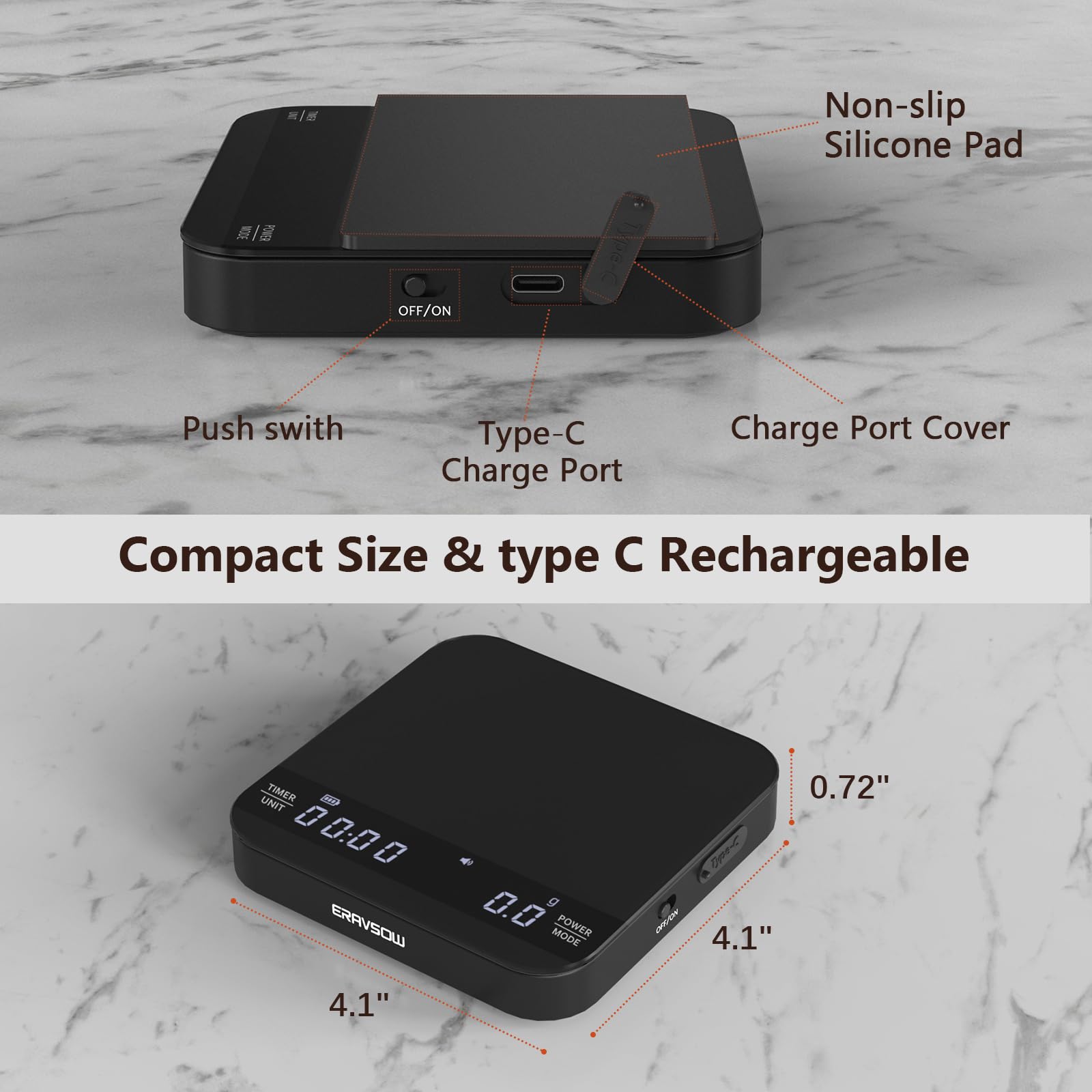 ERAVSOW coffee scale digital display showing timer and weight for precise brewing.