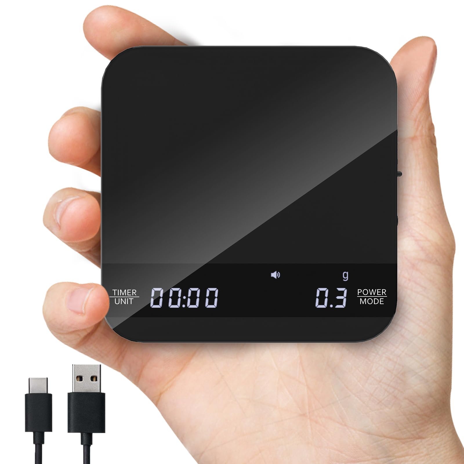 ERAVSOW coffee scale under an espresso machine for precise dosing.