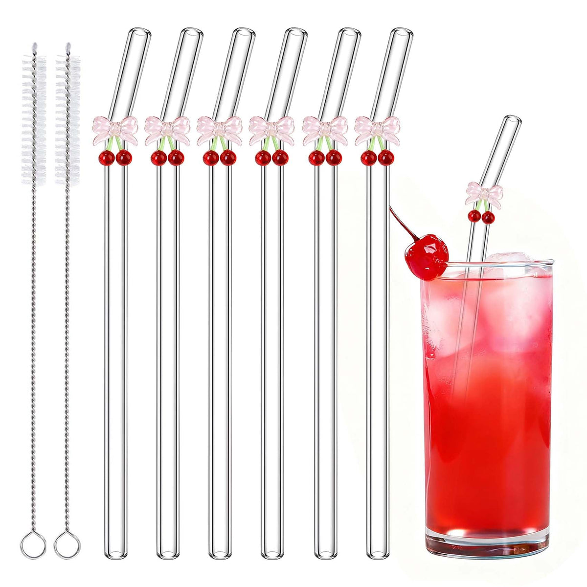 Eremaoy cherry bow glass straw close-up for elegant sipping.