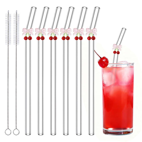 Eremaoy cherry bow glass straw close-up for elegant sipping.