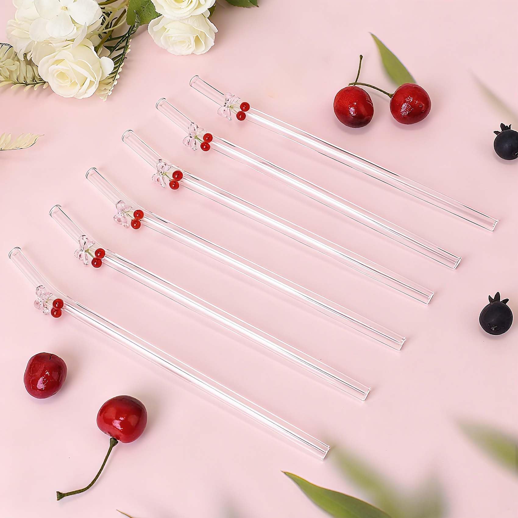 Eremaoy cherry bow glass straw full set for chic entertaining.