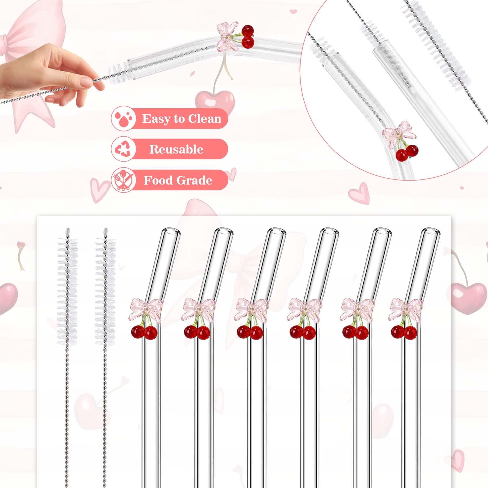 Eremaoy cherry bow glass straw with drink showing versatility.