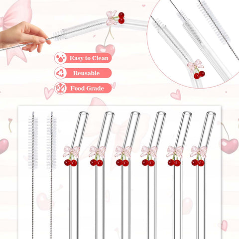 Eremaoy cherry bow glass straw with drink showing versatility.