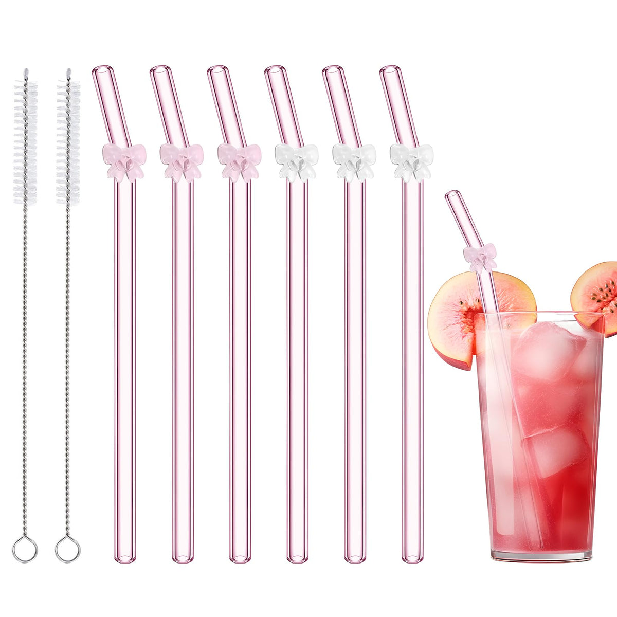 Eremaoy pink bow glass straw collection for stylish, reusable beverages