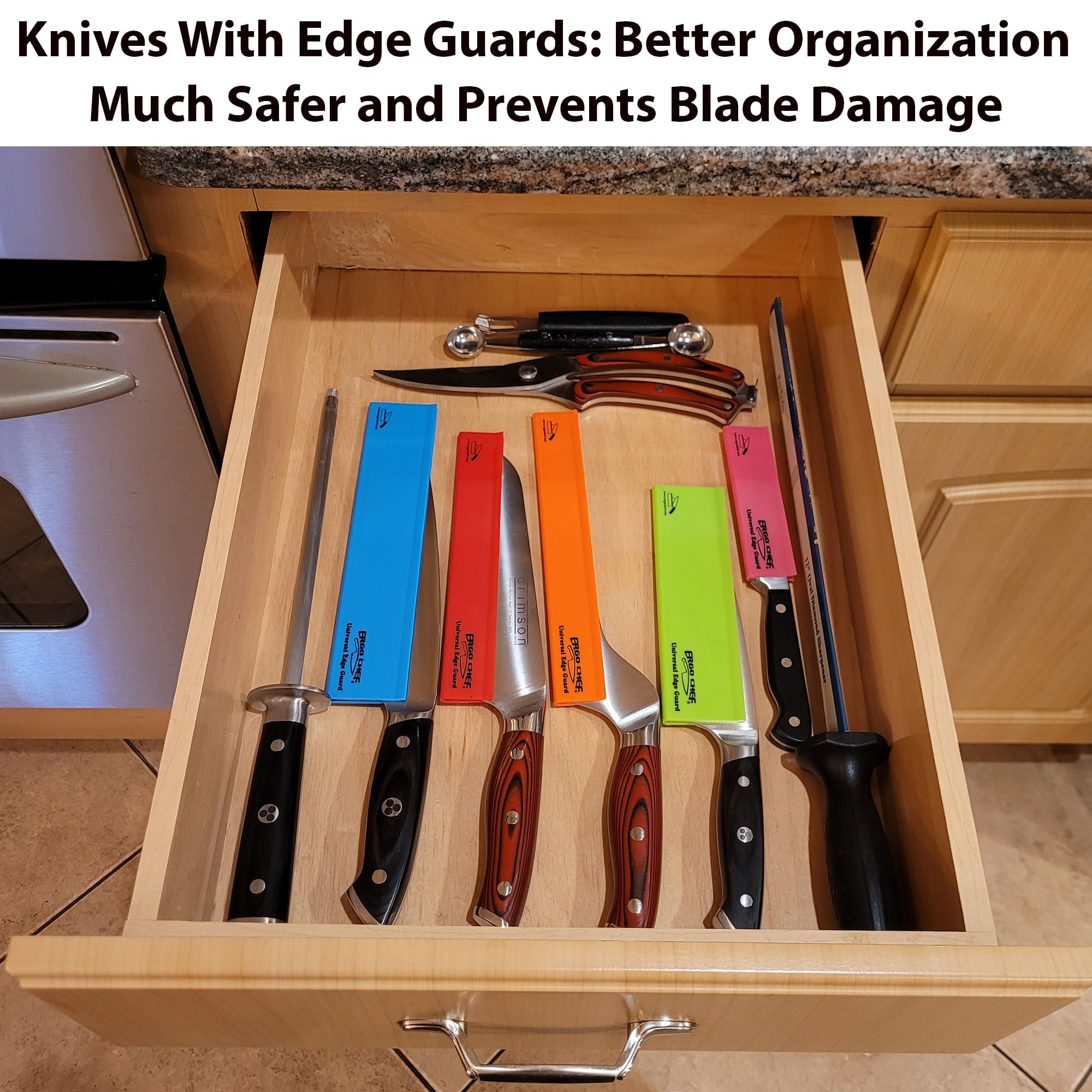Ergo Chef green edge guard 6-inch for santoku protects edge during stacking and storage.