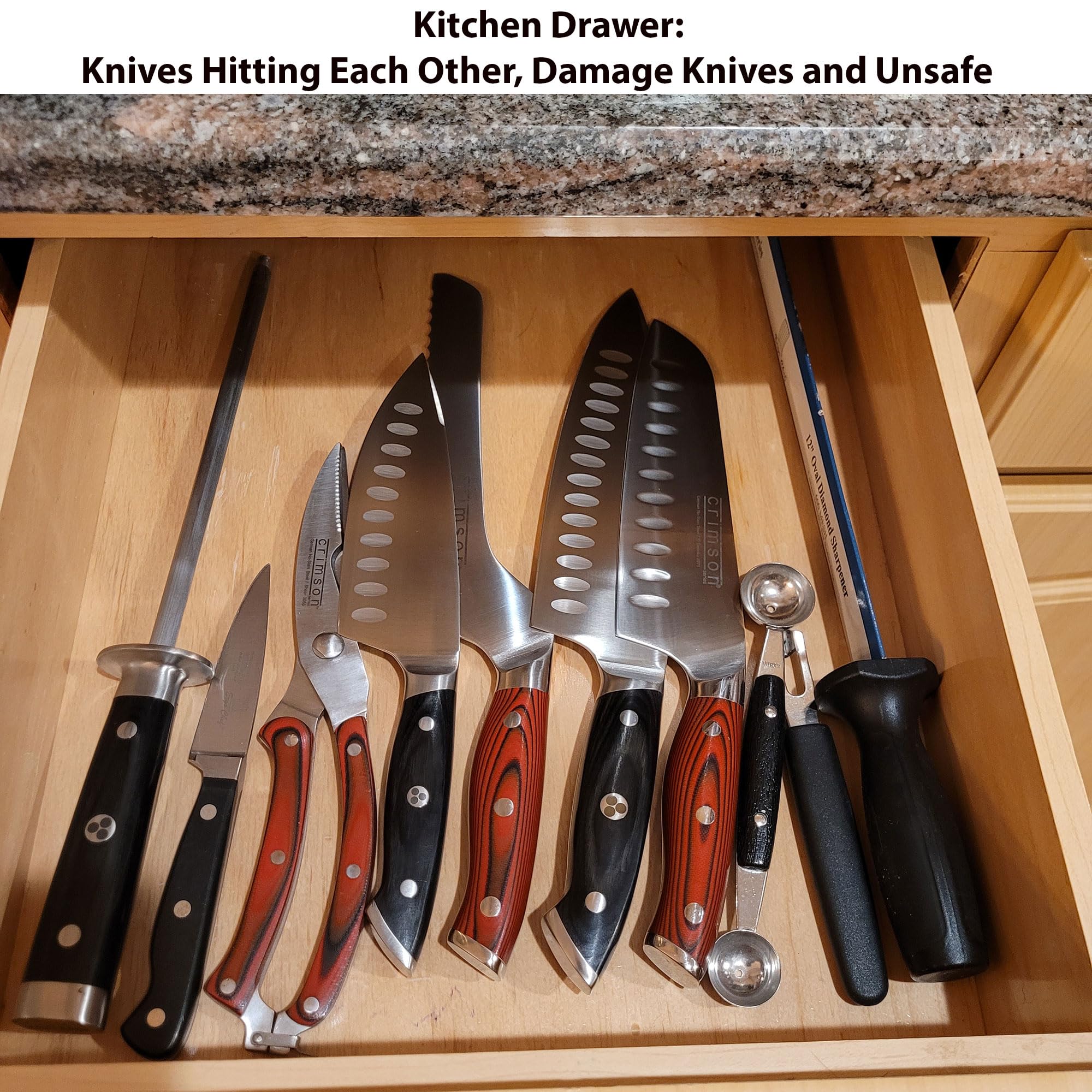 Ergo Chef blue edge guard for 8-inch chef knife keeps blade secure in bags and drawers.