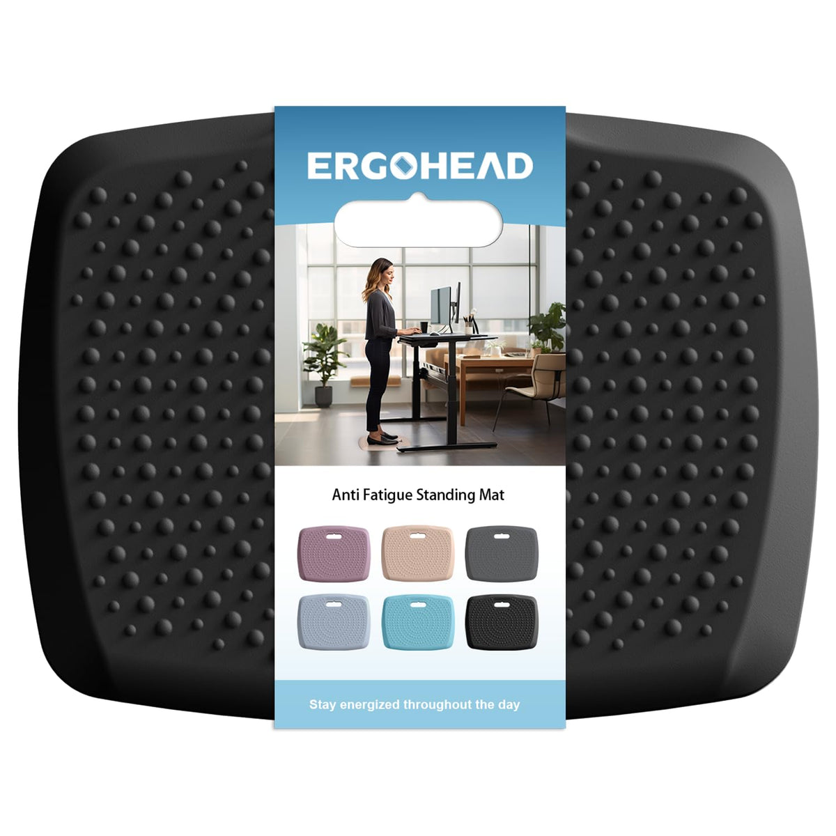 Ergohead anti-fatigue kitchen mat provides cushioned comfort for long cooking sessions.