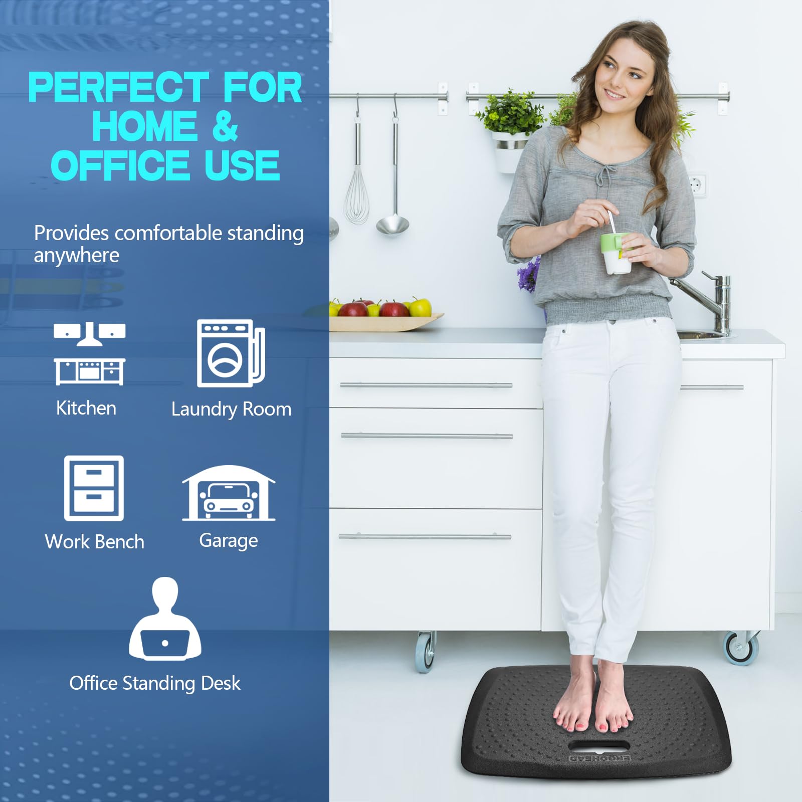 Ergohead massage-points design targets relief while standing for extended tasks.