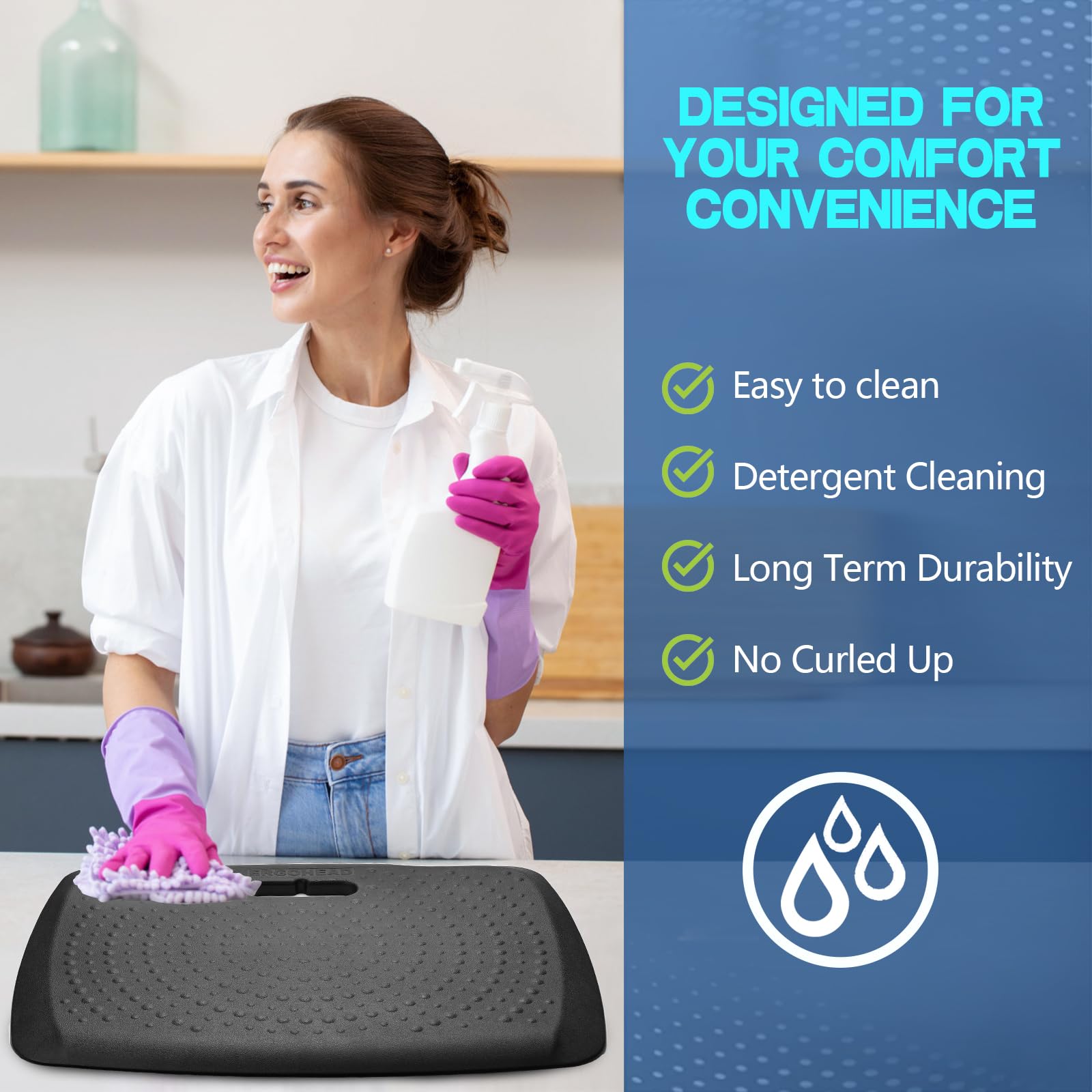 Ergohead non-slip-bottom mat stays put on tile, wood, and laminate floors.