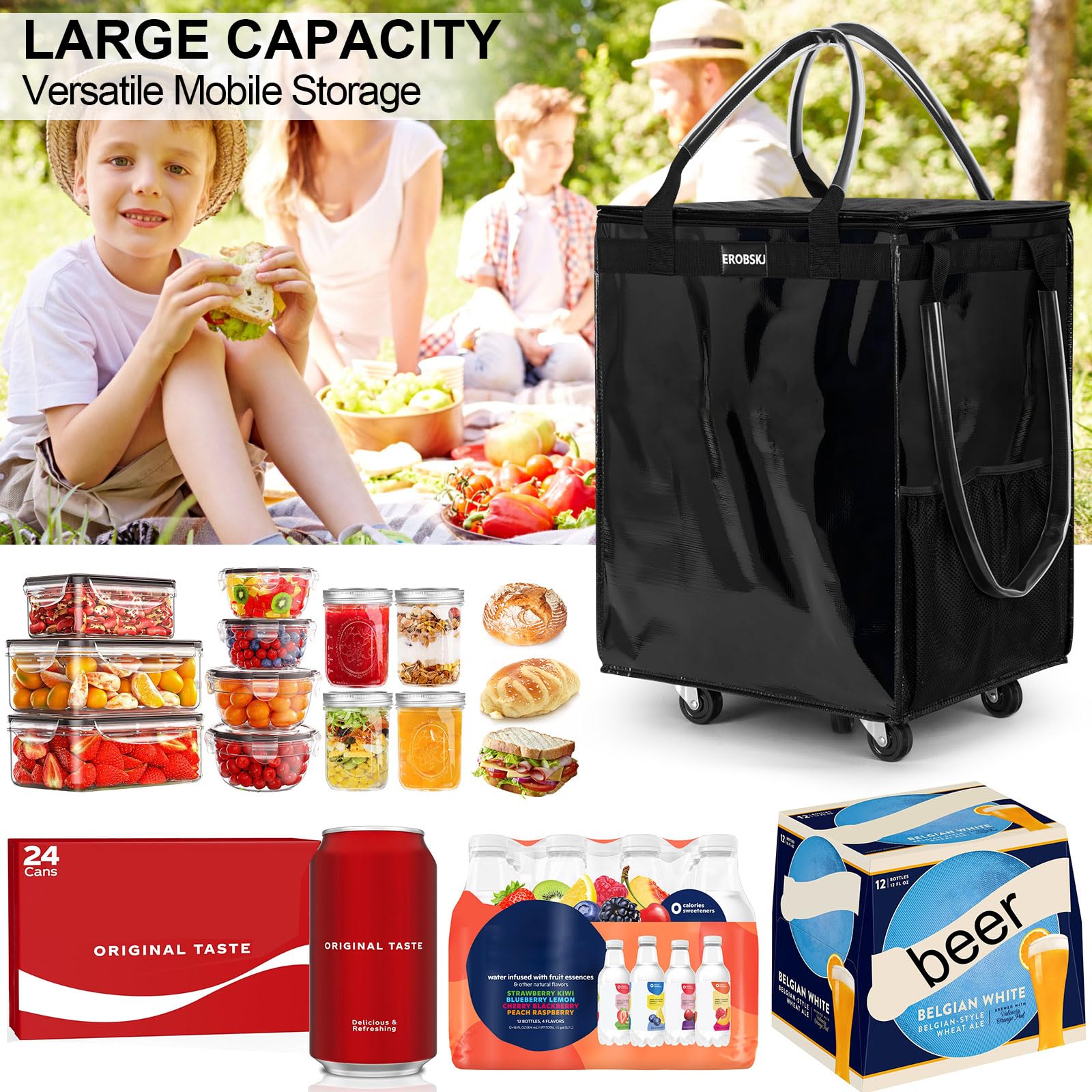EROBSKJ tote communicates 76 lbs capacity for groceries, gear, or laundry.