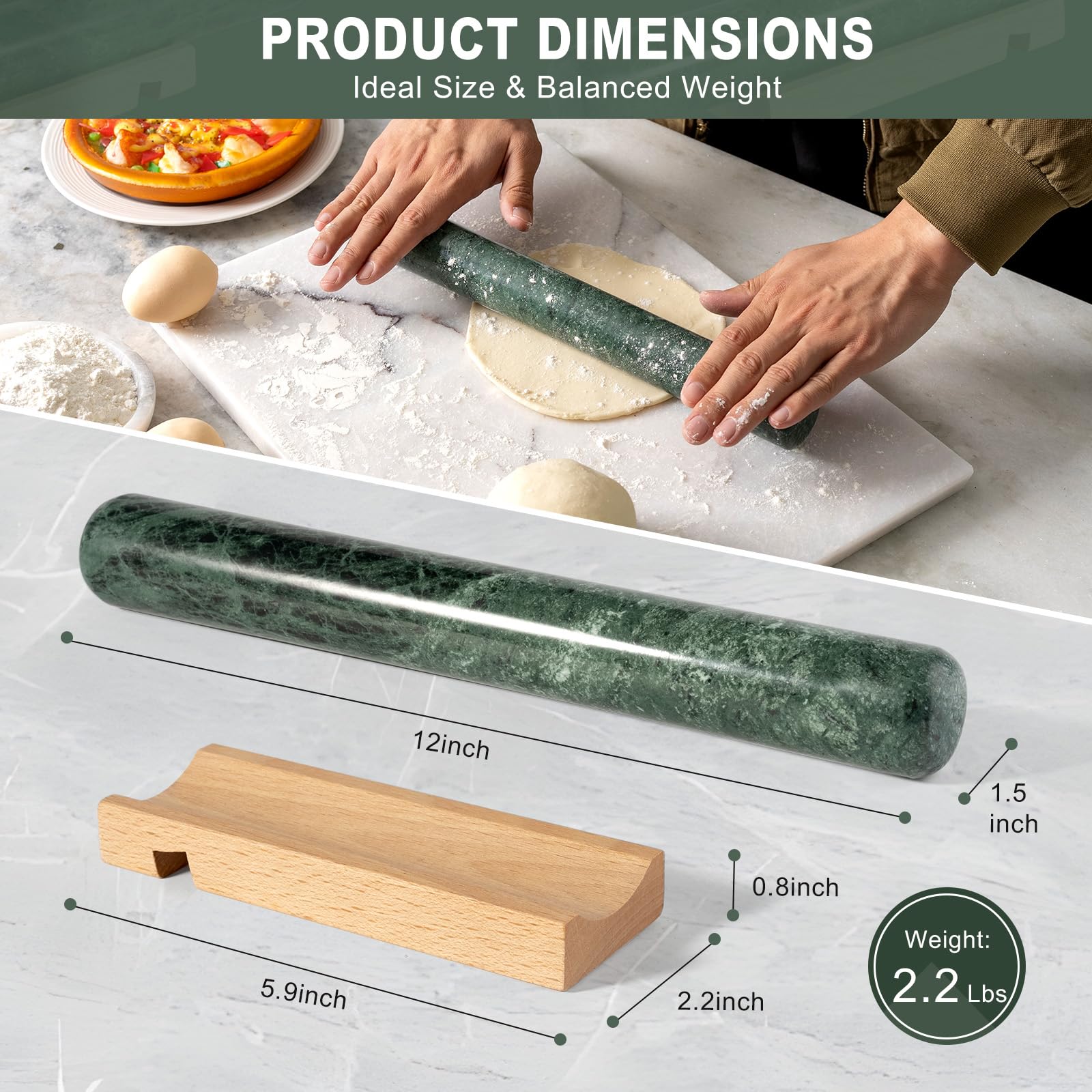 Erongoo rolling pin with green veining, cool marble surface for smooth rolling