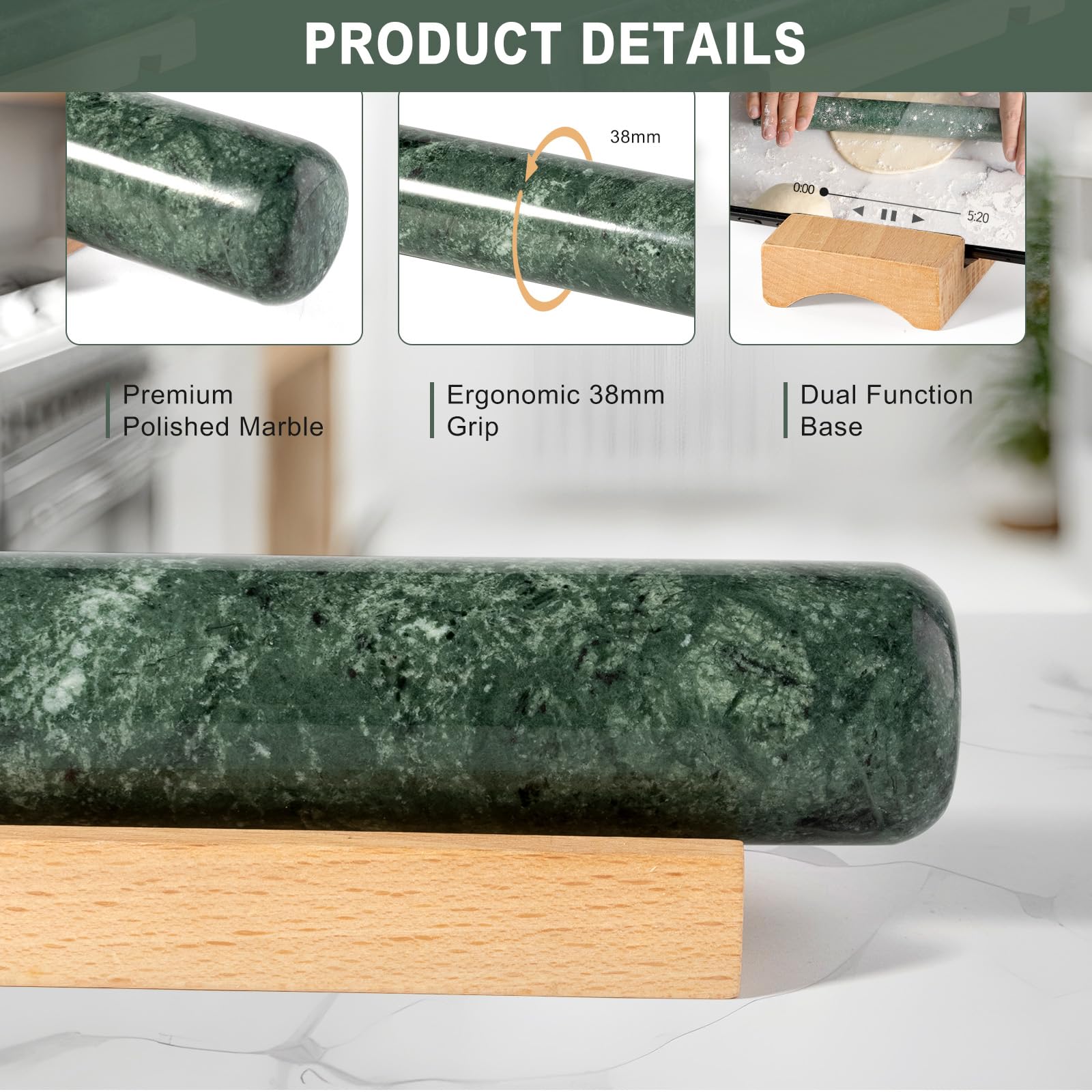 Erongoo marble rolling pin cool surface helps dough stay non stick