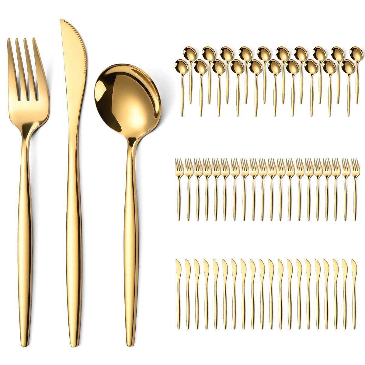 ERVILO 60-piece gold silverware set in a mirror finish for elegant dining occasions.