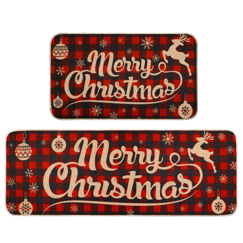 Erweicet Christmas Kitchen Rug Sets front view in red plaid boosts entryway warmth