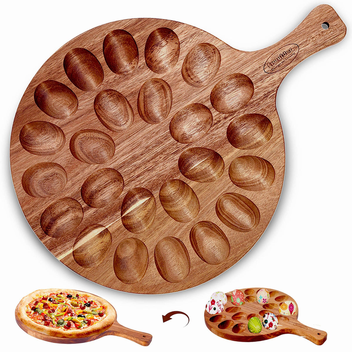 Erwuldor Acacia Wood Deviled Egg Platter with 24 holes for an organized display.