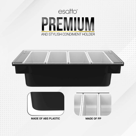 Esatto black bar caddy offers a sleek, professional garnish station.