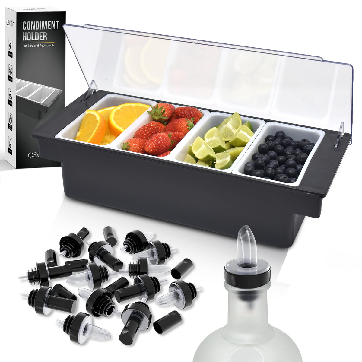 Esatto bar condiment holder with garnish tray and lid for organized cocktail prep.