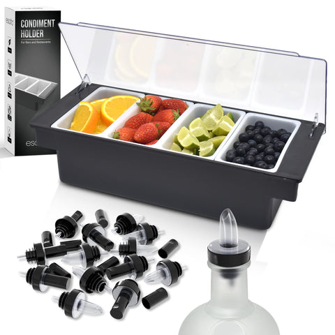 Esatto bar condiment holder with garnish tray and lid for organized cocktail prep.