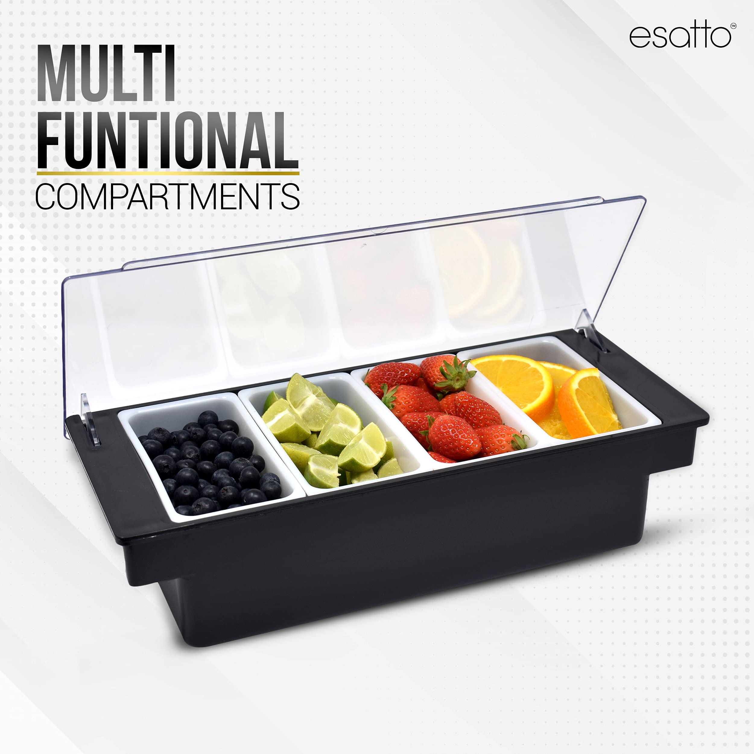 Esatto garnish tray with lid view for quick access and freshness.