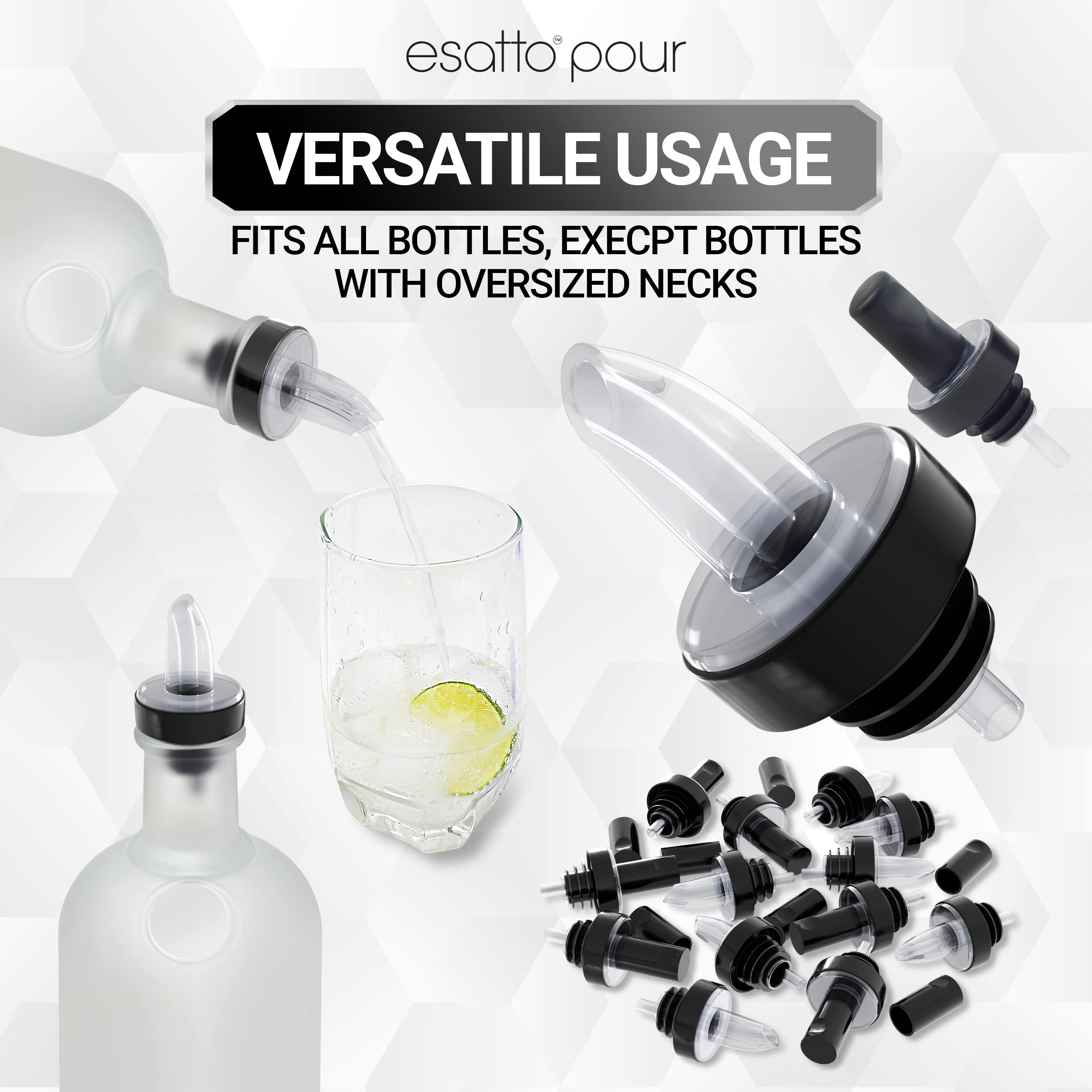 Esatto twelve liquor bottle pourers ensure precise pours and consistency.