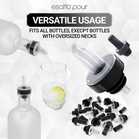 Esatto twelve liquor bottle pourers ensure precise pours and consistency.