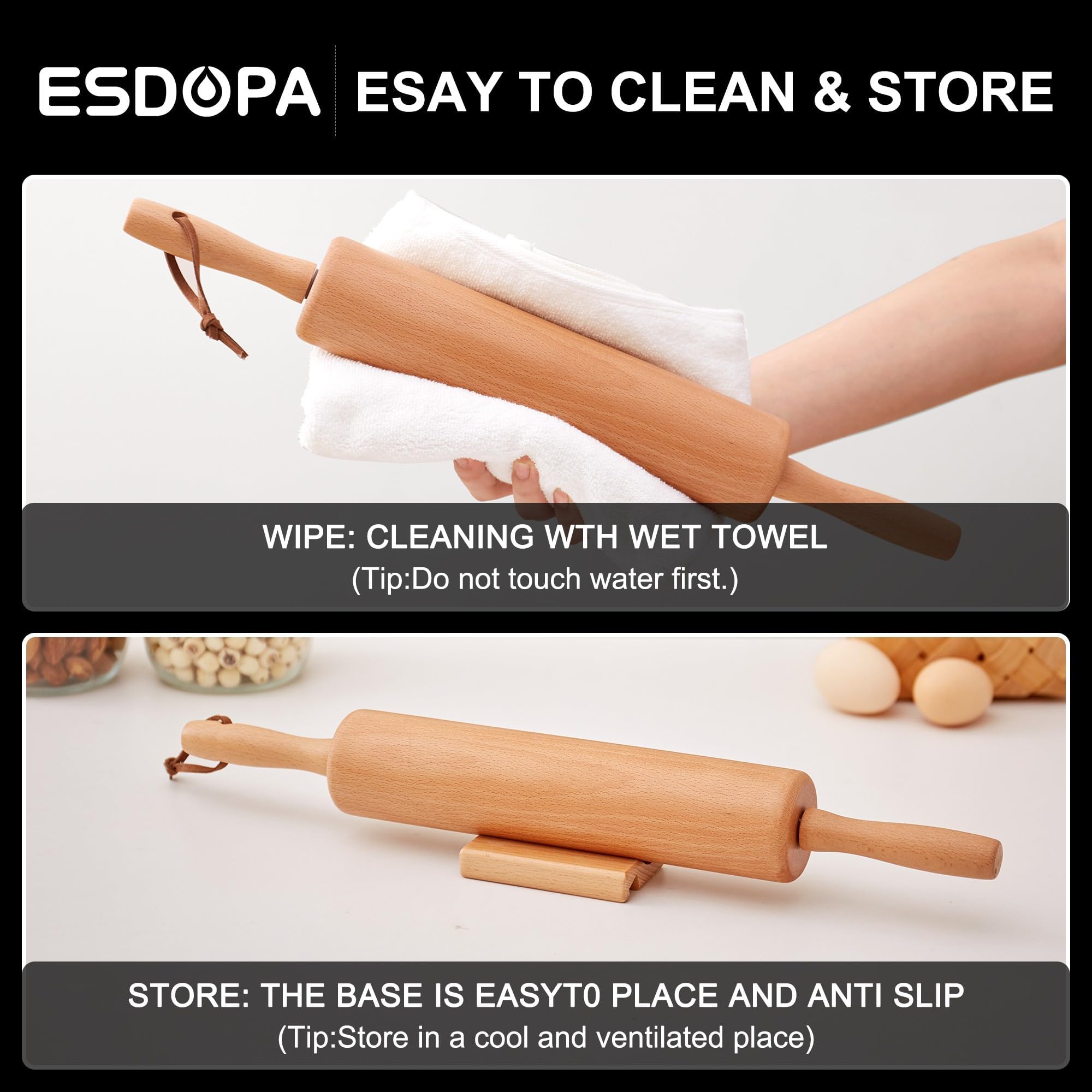 Easy cleaning and care of ESDOPA wooden rolling pin