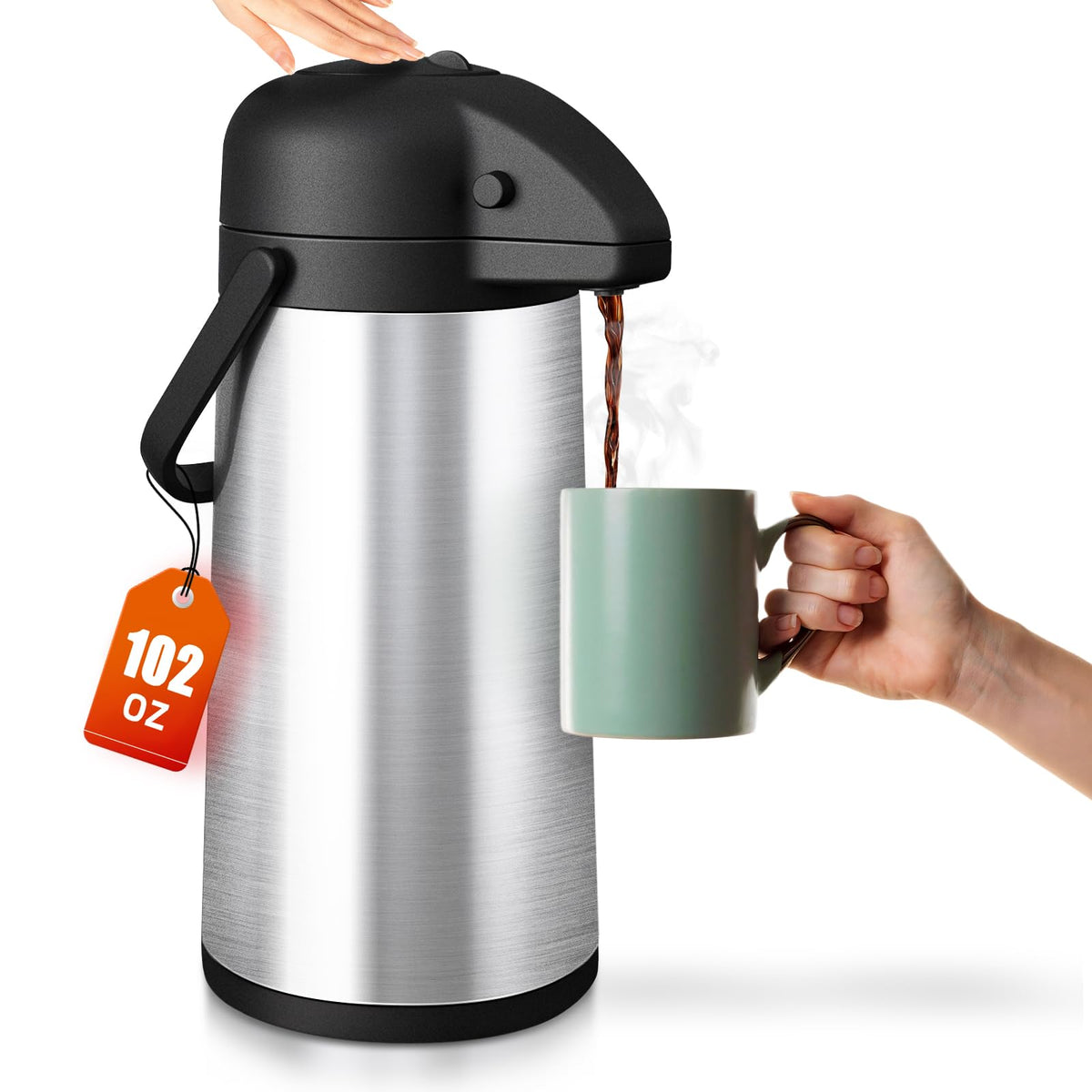 Esemoil Coffee Carafe with pump-top demonstrates easy pouring for warm hospitality